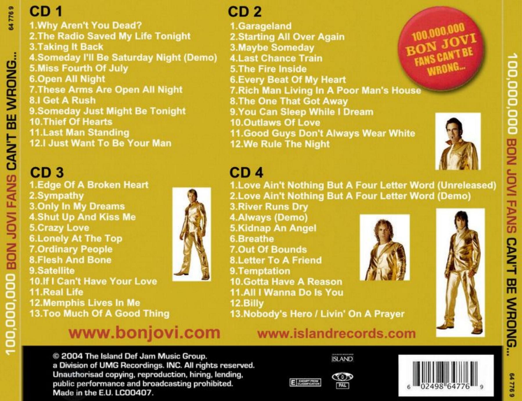 Bon Jovi 100 Million Bon Jovi Fans Cant Be Wrong 2004 : Back | CD 